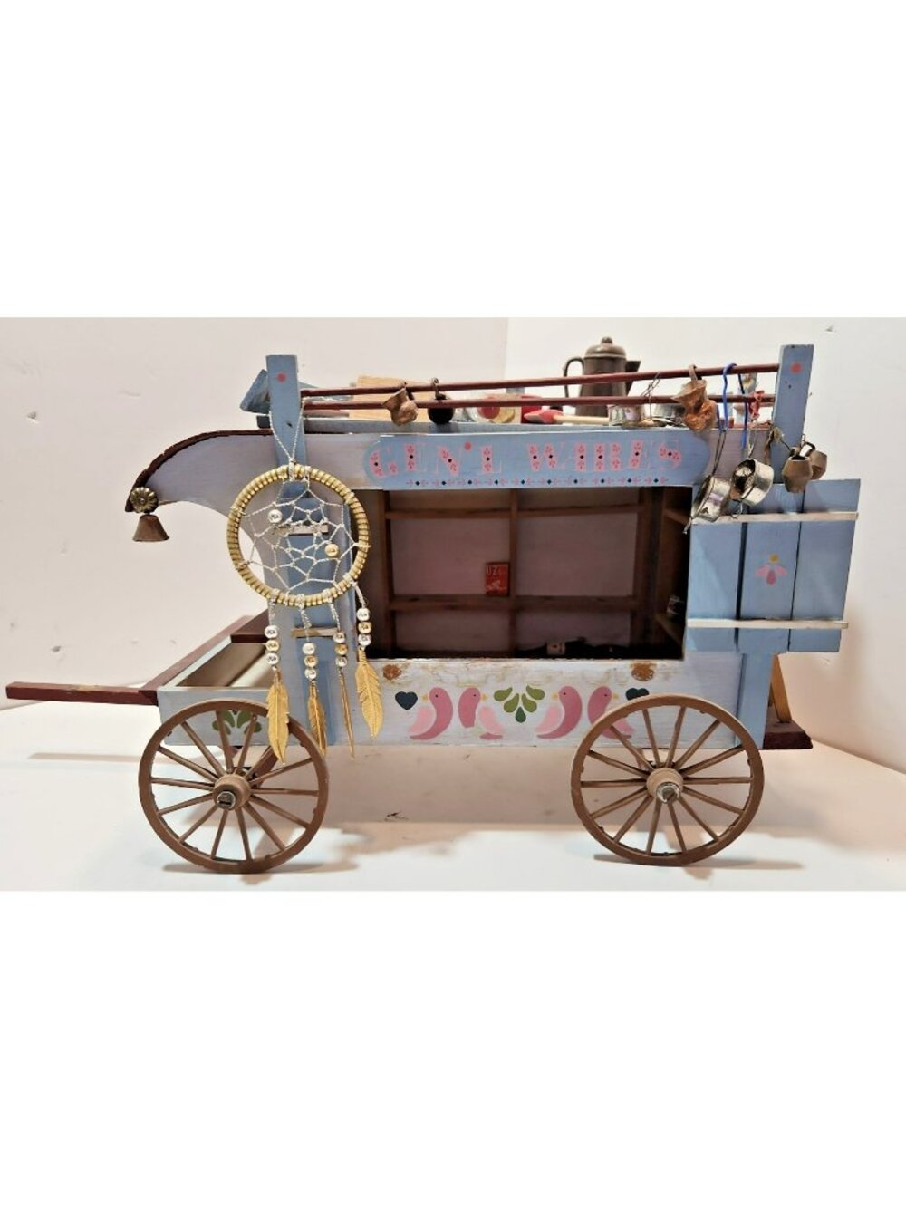 OOAK Vtg  Artisan Peddlers Blue Wagon Display Wood Caravan Shop Miniatures Lot